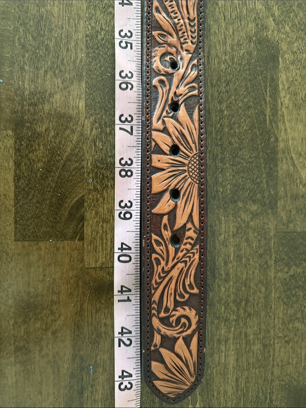 Tooled Leather Floral Buckle Belt with Leopard Print - Brown/Tan - Picture 2 of 6